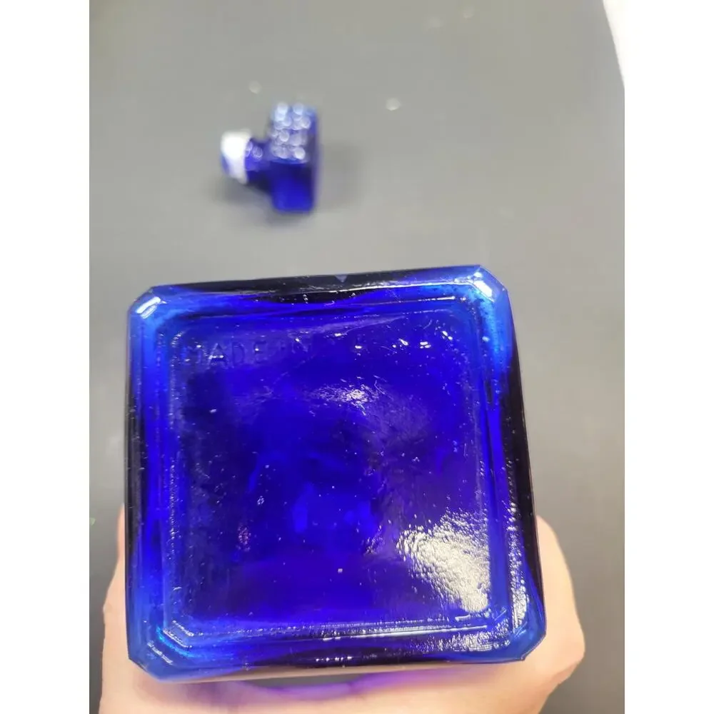 Vintage MCM Cobalt Decanter, Pressed Glass Square Bottle & Stopper